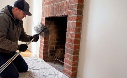 Mason on hearth duty with brushes beside a brick fireplace